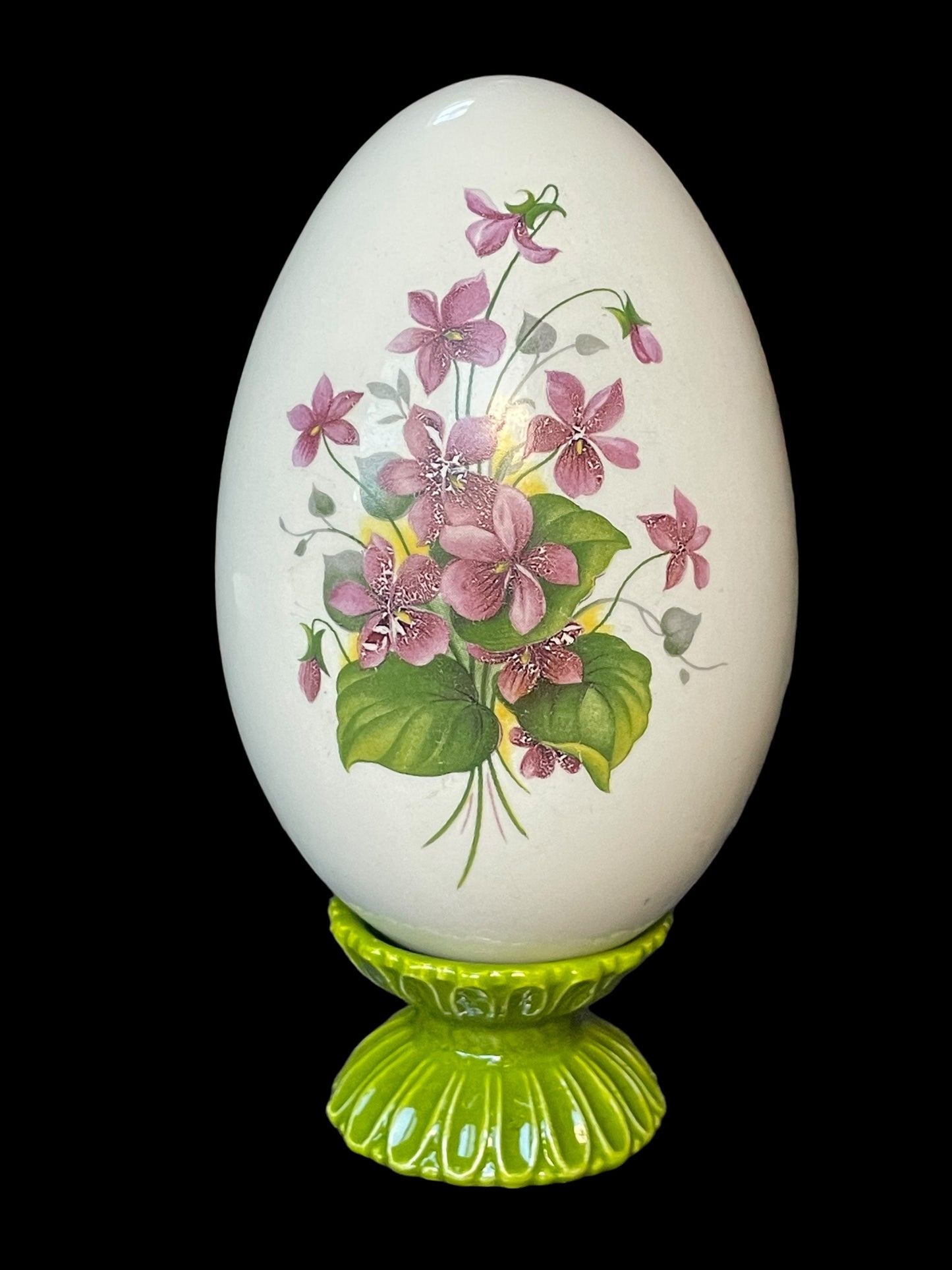 Vintage Porcelain Hollow Egg with Floral Design and Stand