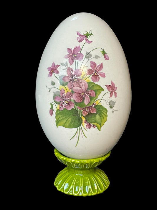 Vintage Porcelain Hollow Egg with Floral Design and Stand