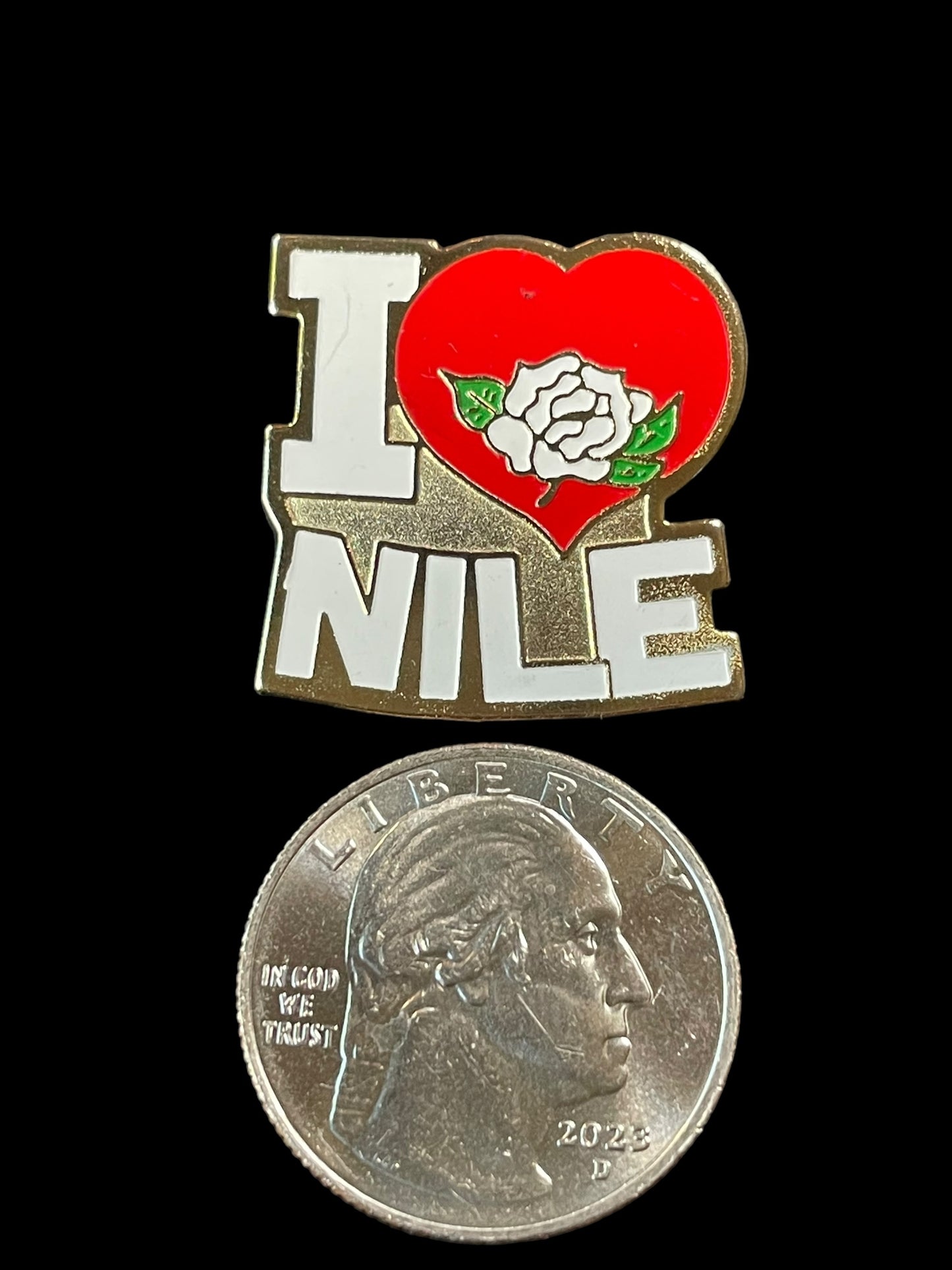 Vintage Gold Tone I Love/Heart Nile with a White Rose Enamel Brooch Pin