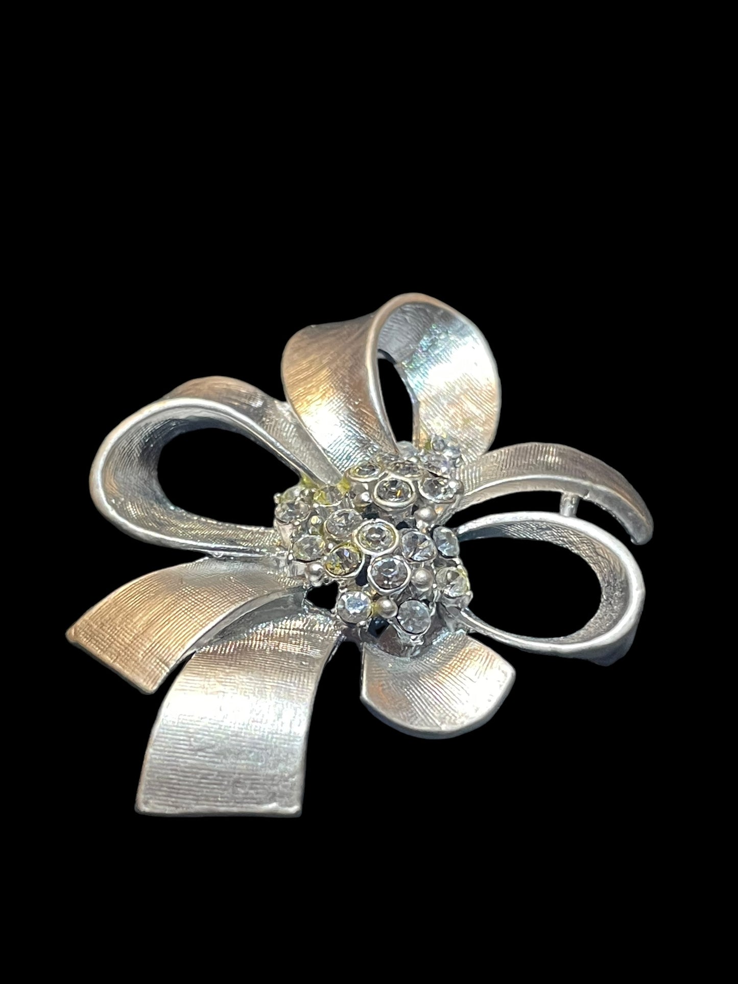 Vintage Silver Toned Bow with Clustered Rhinestones Brooch