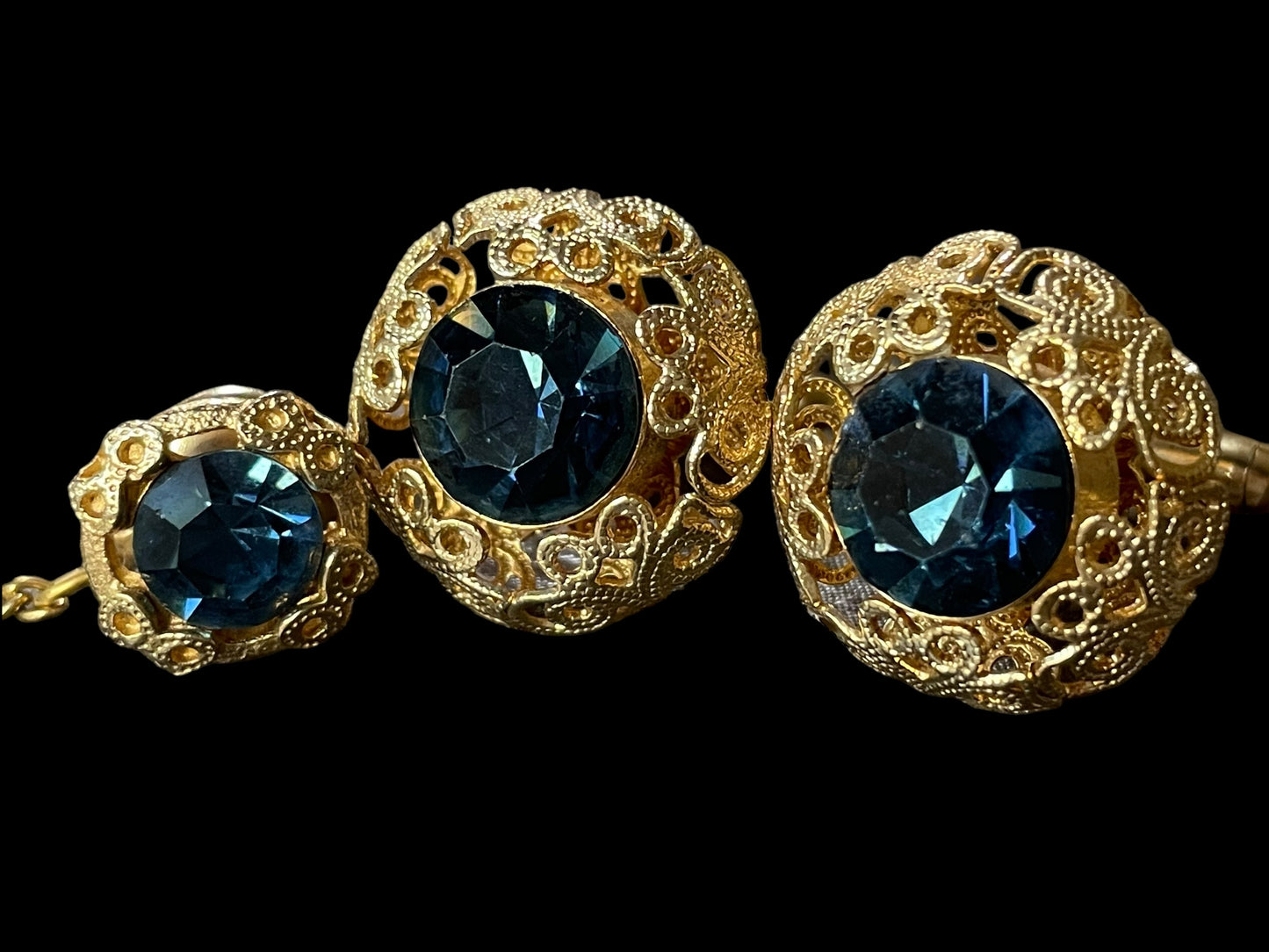 Vintage Gold Tone Filigree Cufflinks and Tie Pin with Blue Glass Stones Mens Jewelry Set