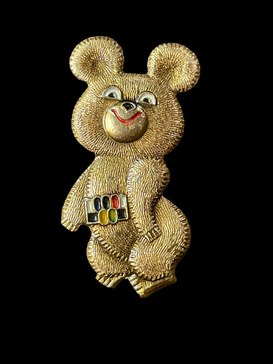 1980 Gold Tone Russian Olympics Misha Bear Mascot Brooch Pin