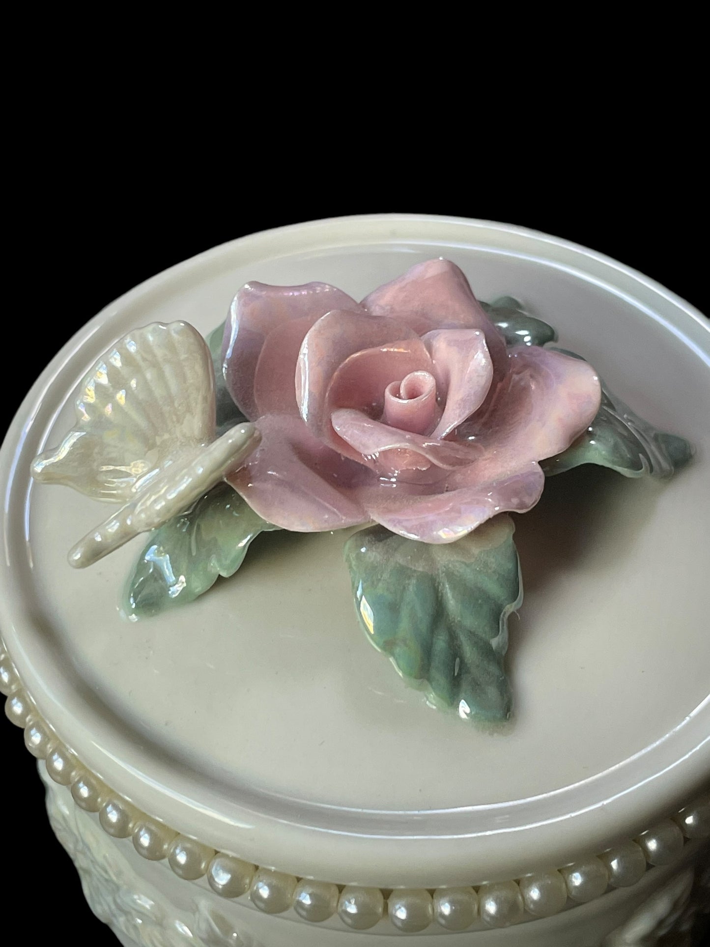 Lenox Pearlescent Hand Painted Rose and Butterfly Trinket Box