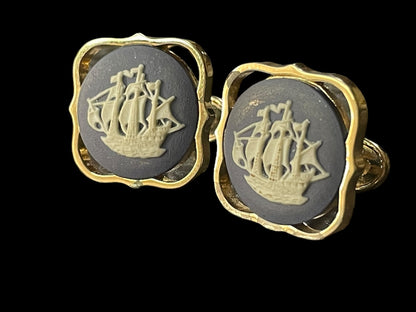 Wedgwood Nautical Ship Gold Tone Blue Jasperware Cufflinks Vintage