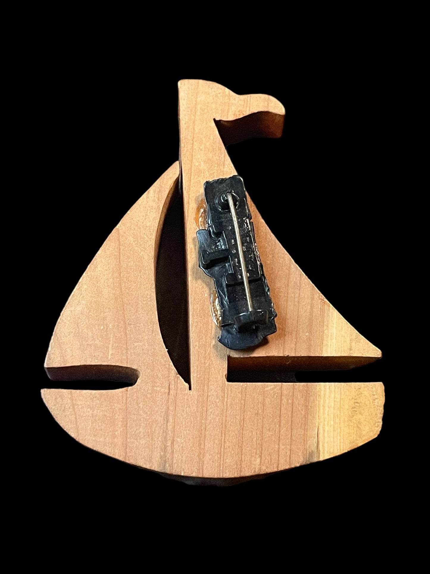 Wooden Carved Sail Boat Brooch Pin