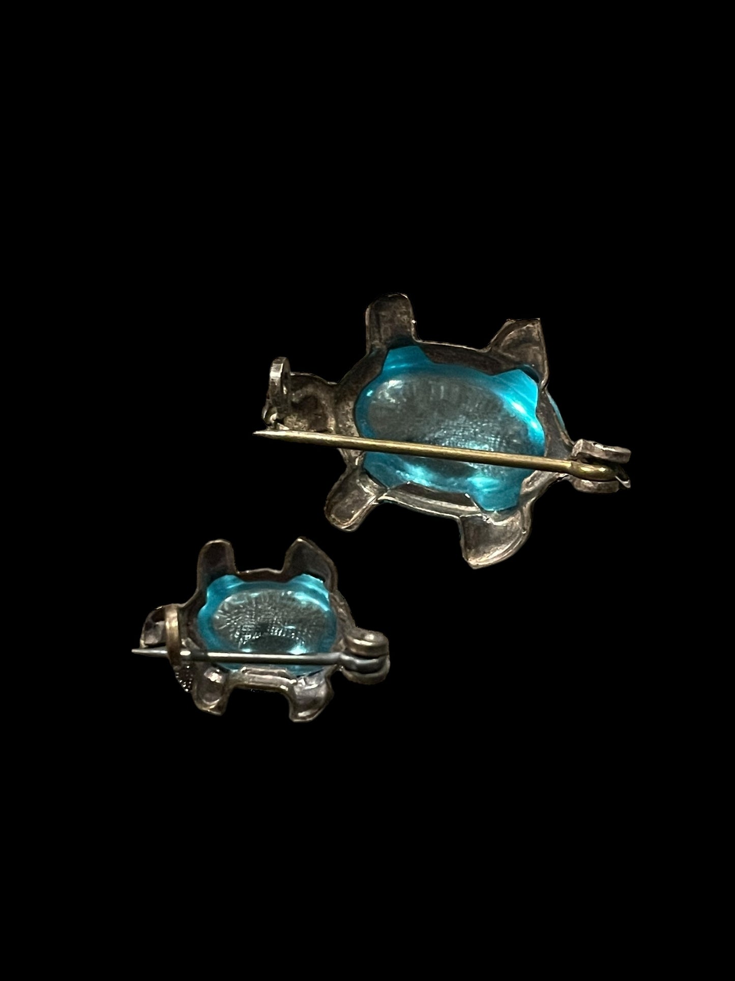 Set of 2 Antique C-Clasp Blue Glass Jelly Belly Turtle Brooch Pins