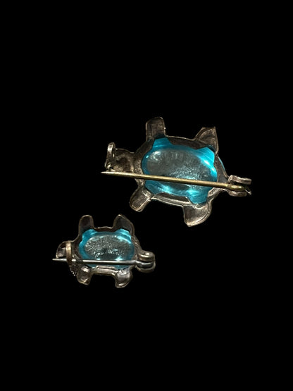 Set of 2 Antique C-Clasp Blue Glass Jelly Belly Turtle Brooch Pins