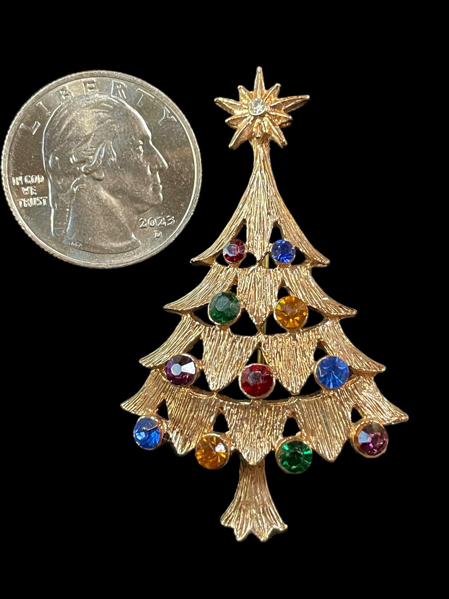 Vintage Gold Tone Multi Color Gemstones Christmas Tree Brooch Pin