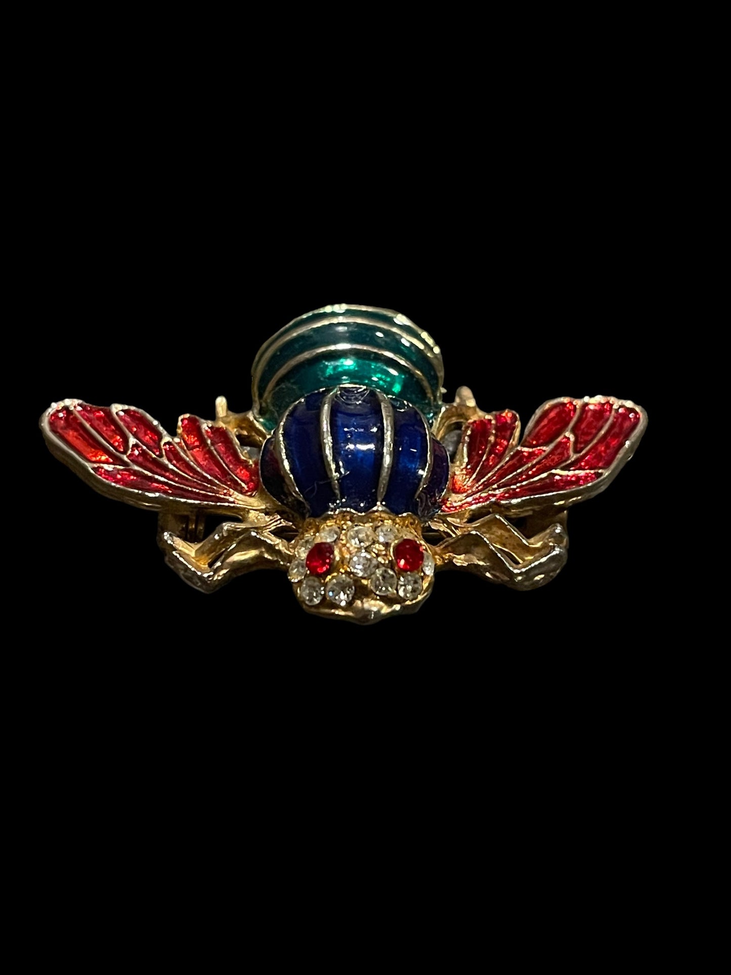 Vintage Blue Green & Red Bumble Bee with Rhinestones Enamel Brooch Pin