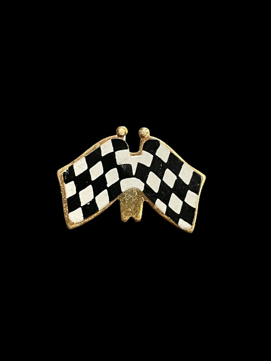 Racing Crossed Checkered Flags with Gold Tone Lining Brooch Pin