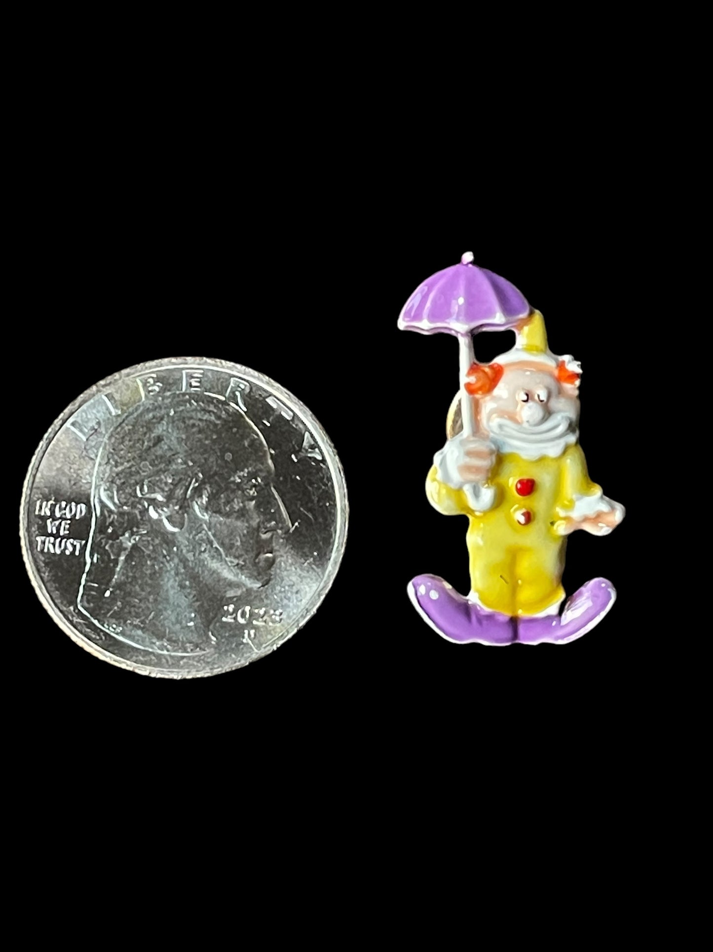 Vintage Signed JJ Yellow Clown with Purple Umbrella Brooch Pin