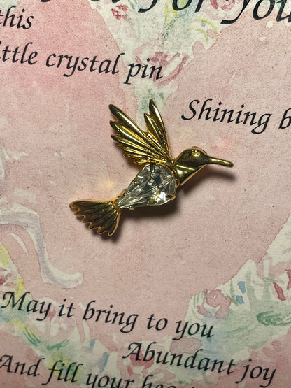 Genuine Austrian Crystal Gold Tone Hummingbird Pin Made in USA