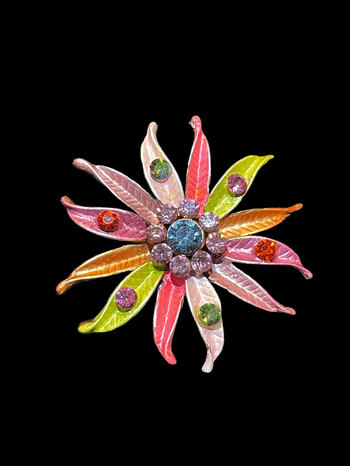 Vintage Colorful Flower with Rhinestones Figural Brooch