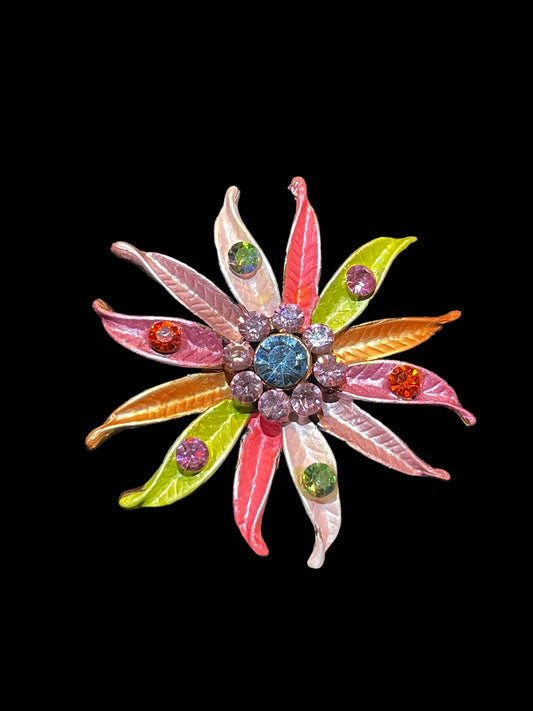 Vintage Colorful Flower with Rhinestones Figural Brooch