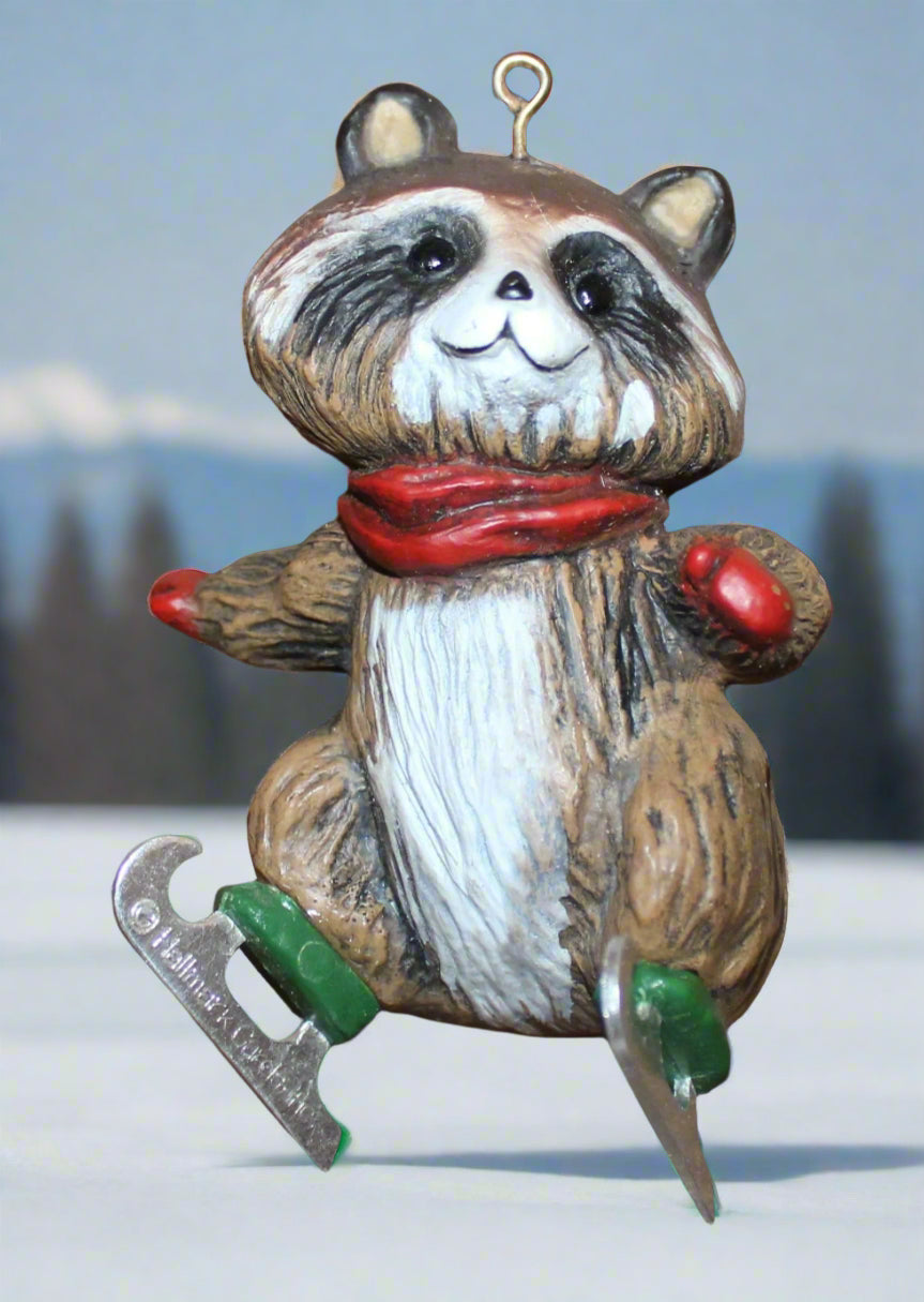 1978 Hallmark Tree Trimmer New Skates Ice Skating Racoon Christmas Ornament