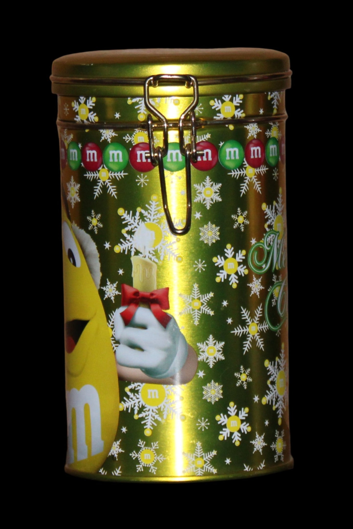 2013 Yellow M&M Christmas Tin Canister with Latch