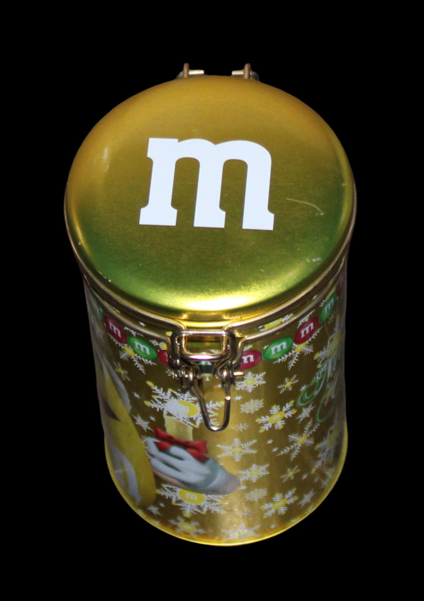 2013 Yellow M&M Christmas Tin Canister with Latch