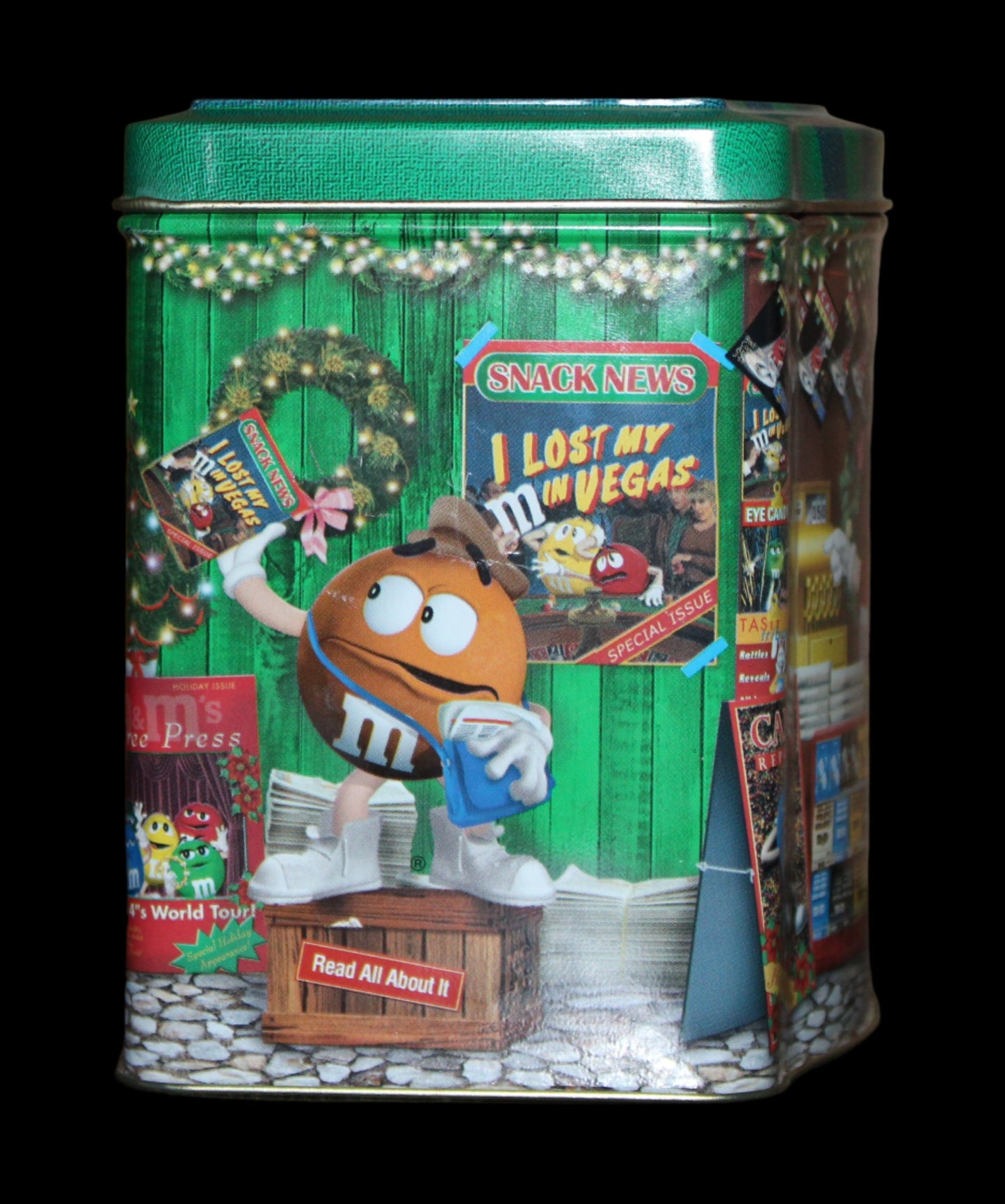 2001 M&M Seasons Greetings Christmas Village Series Newsstand #12 Limited Edition Canister