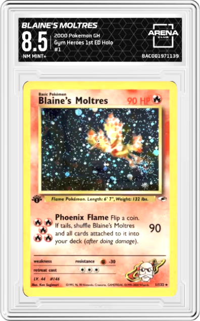 *TRADED* [NM MINT+ 8.5] 1st Edition Blaine's Moltres 1/132 - Gym Challenge Set (2000) - Holo Rare - Spiral