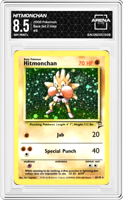 Hitmonchan #8 Pokemon Base Set 2 with Swirl Graded NM MINT+ 8.5