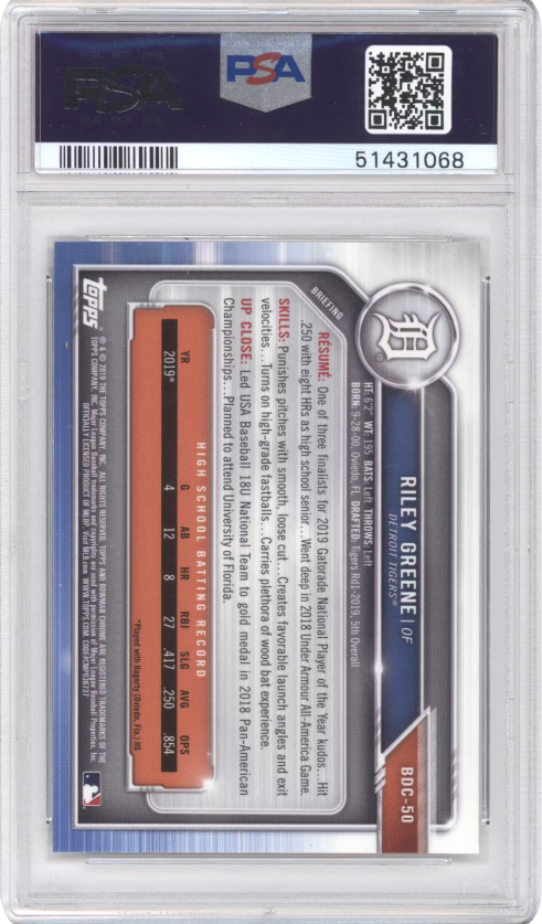 Riley Greene With Bat #BDC-50 2019 Bowman Draft Chrome Graded PSA 9