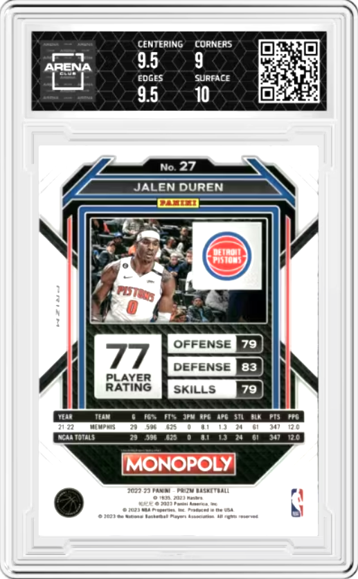 Jalen Duren Black Classic Icons #27 2022 Panini Prizm Monopoly Graded MINT+ 9.5