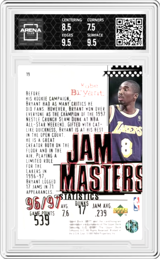 Kobe Bryant #19 1997 Upper Deck UD3 Jam Masters Graded NM MINT 8