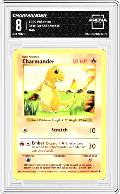 Charmander Shadowless #46 Pokemon Base Set Graded NM MINT 8