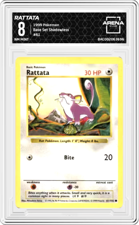 Rattata Shadowless #61 Pokemon Base Set Graded NM MINT 8