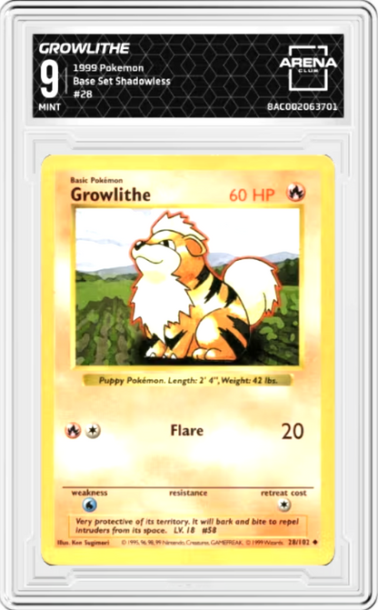 Growlithe Shadowless #28 Pokemon Base Set Graded MINT 9