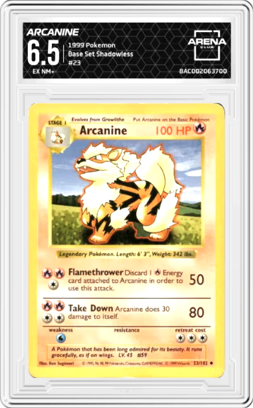 Arcanine Shadowless #23 Pokemon Base Set Graded EX NM+ 6.5