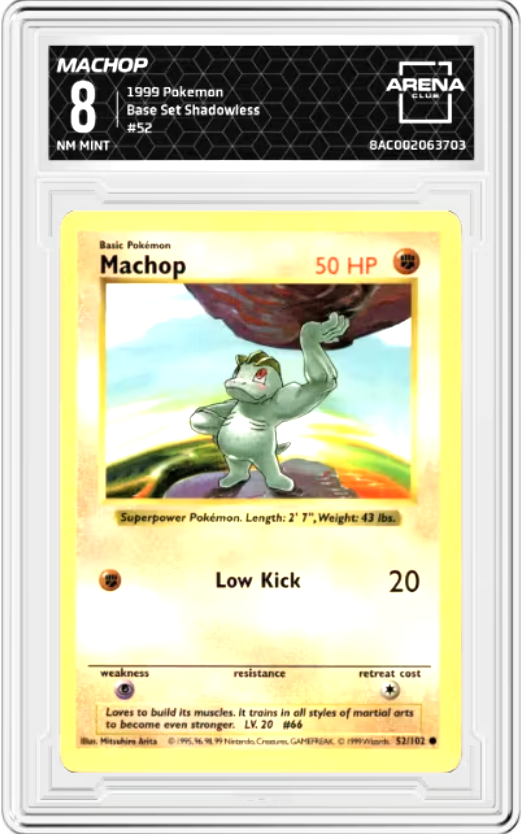 Machop Shadowless #52 Pokemon Base Set Graded NM MINT 8