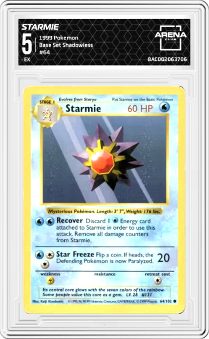 Starmie Shadowless #64 Pokemon Base Set Graded EX 5