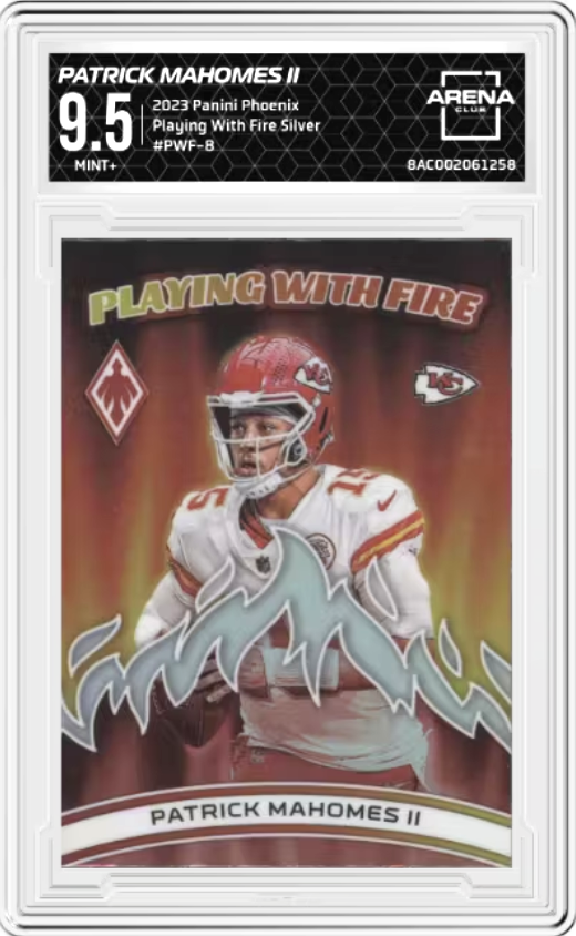 Patrick Mahomes II Silver #PWF-8 2023 Panini Phoenix Playing With Fire Graded MINT+ 9.5