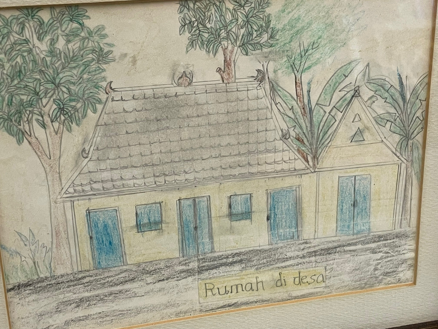 Framed Color Pencil Drawing of a House and Trees