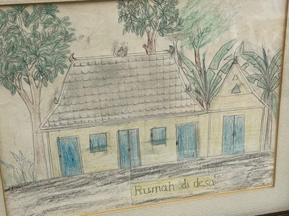 Framed Color Pencil Drawing of a House and Trees