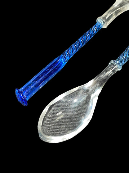 Exquisite Pair of Venetian Glass Demitasse Spoons - Clear with Cobalt Blue Spiral Handles