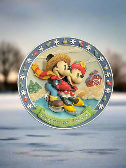 1998 Enesco Mickey and Minnie Ice Skating 3D Plate Christmas #363332