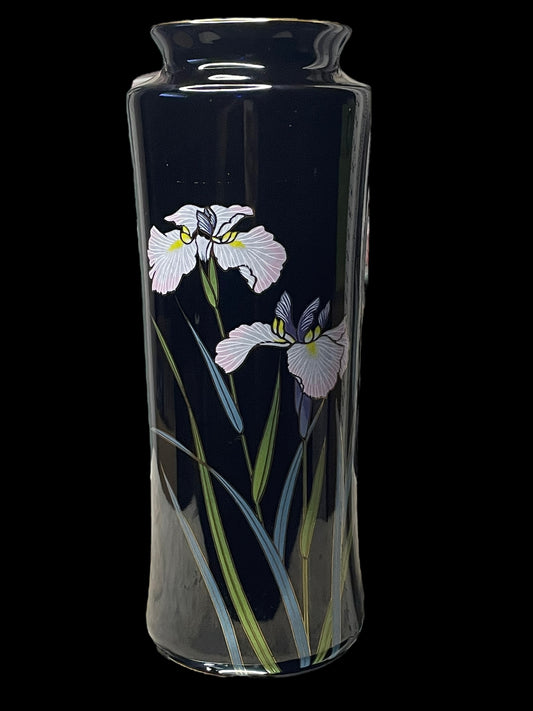 Vintage Yamaji Japan Iris and Dragonfly Tall Black Table Vase