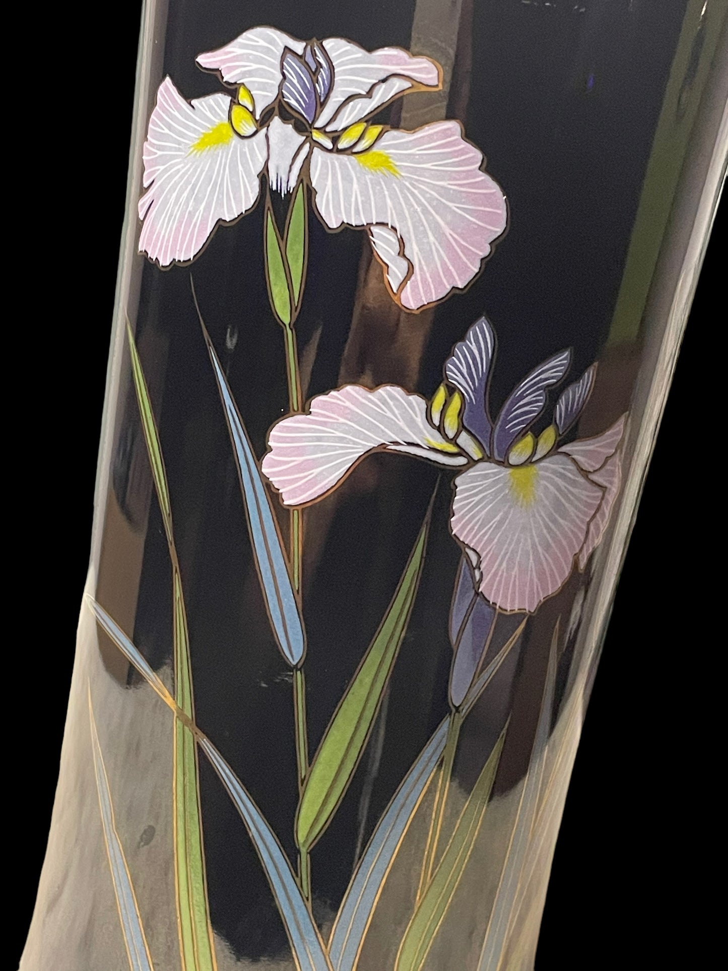 Vintage Yamaji Japan Iris and Dragonfly Tall Black Table Vase