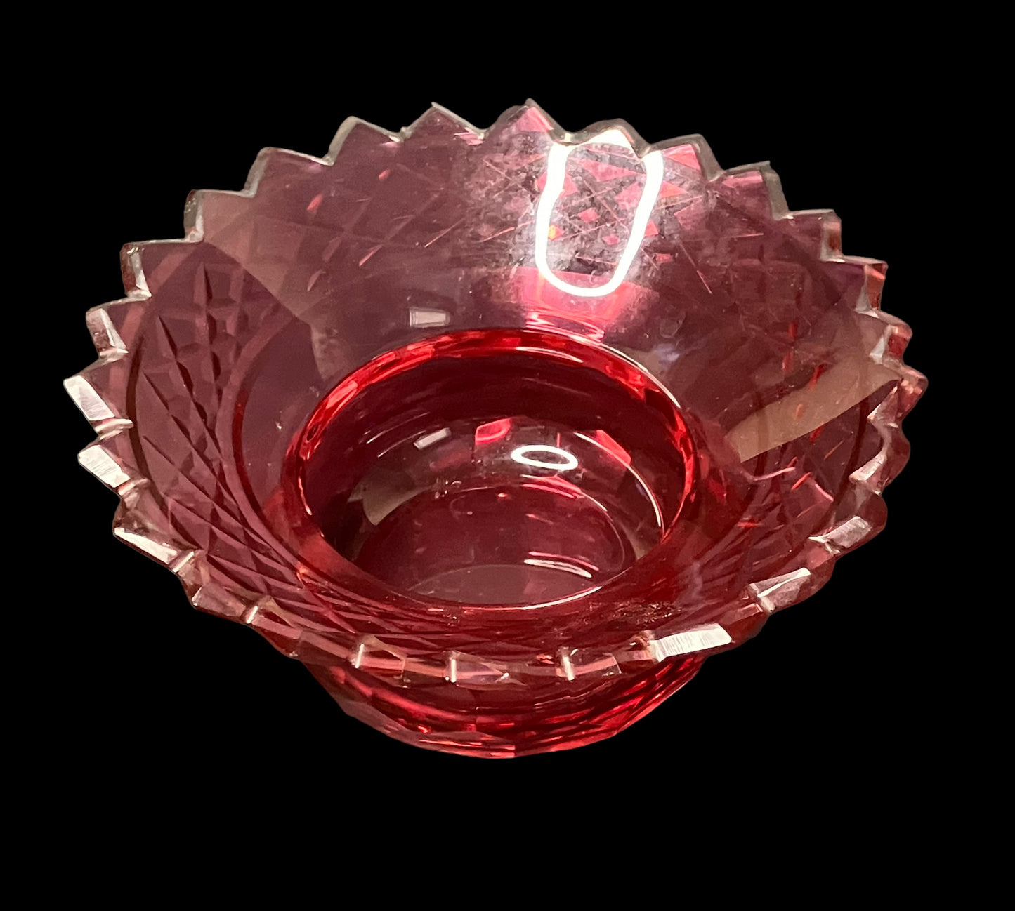 Small Vintage Cranberry Glass Dish with Spike Edge