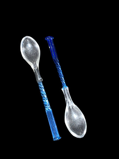 Exquisite Pair of Venetian Glass Demitasse Spoons - Clear with Cobalt Blue Spiral Handles