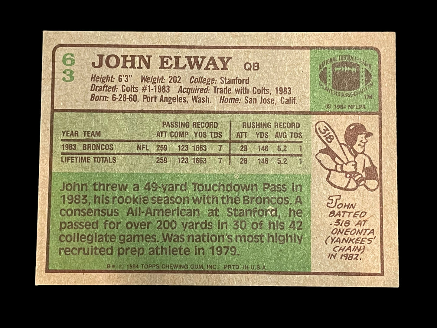 John Elway #63 [Rookie] 1984 Topps Football Card NM MINT+ 8.5