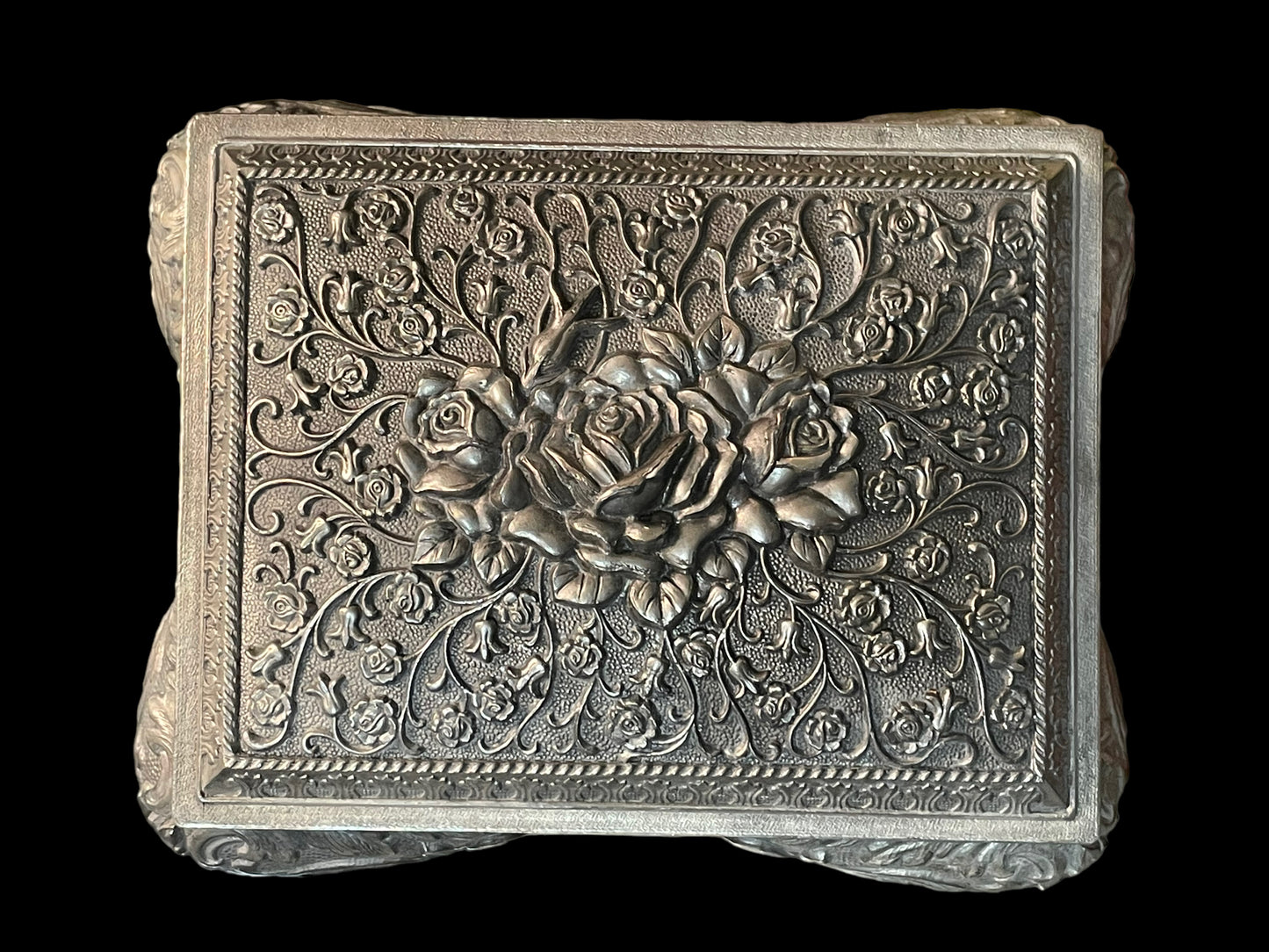 Vintage Metal Silver Tone Rose Trinket Box