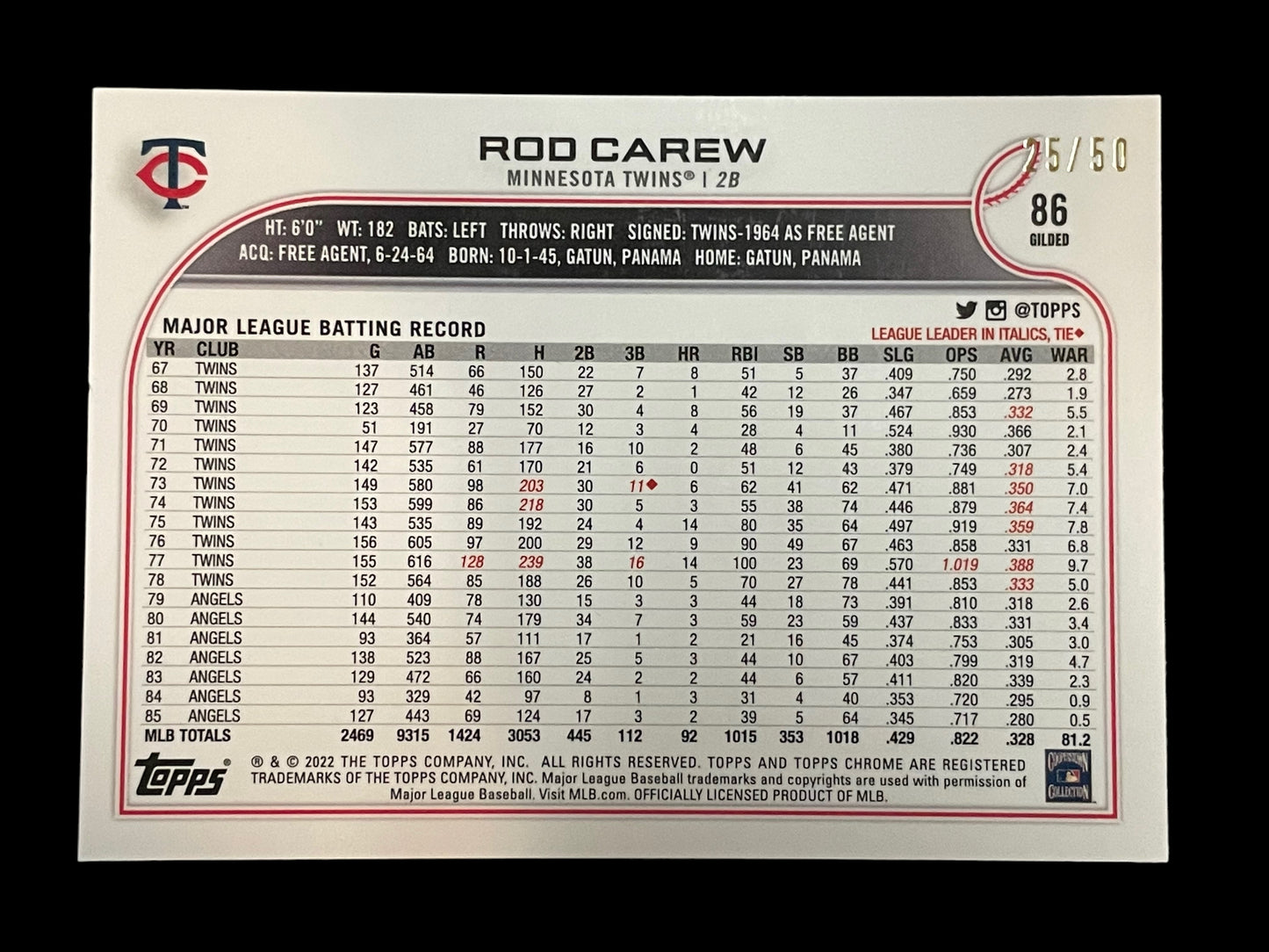 Rod Carew Mini Diamond Gold #86 2022 Topps Gilded Collection 25/50 Graded GEM MINT 10