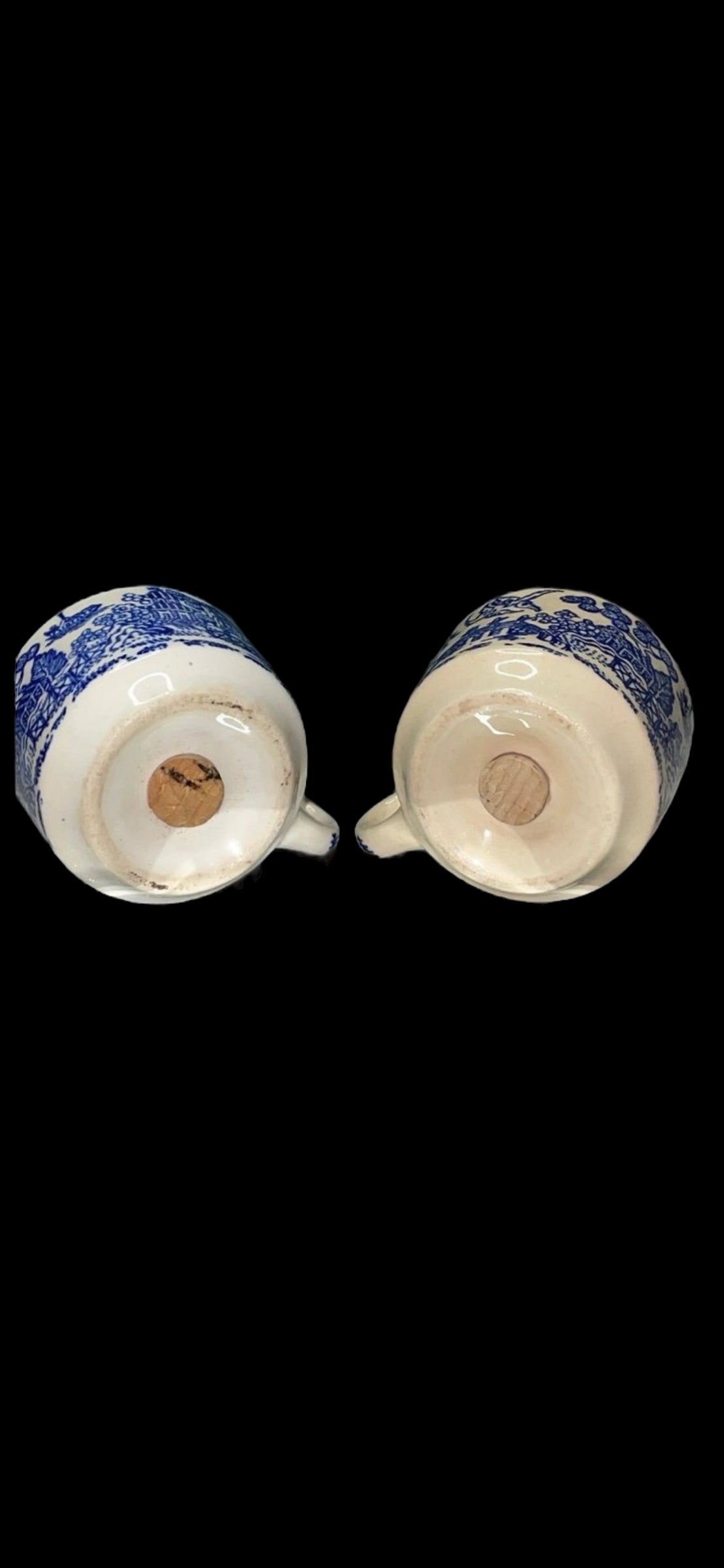 Beautiful Antique Blue Willow Salt and Pepper Shakers with Corks