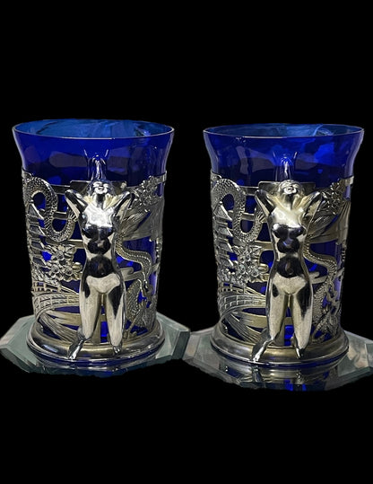 Pair of Mid Century Blue and Silver/Chrome Oriental Style and Nude Woman Mug