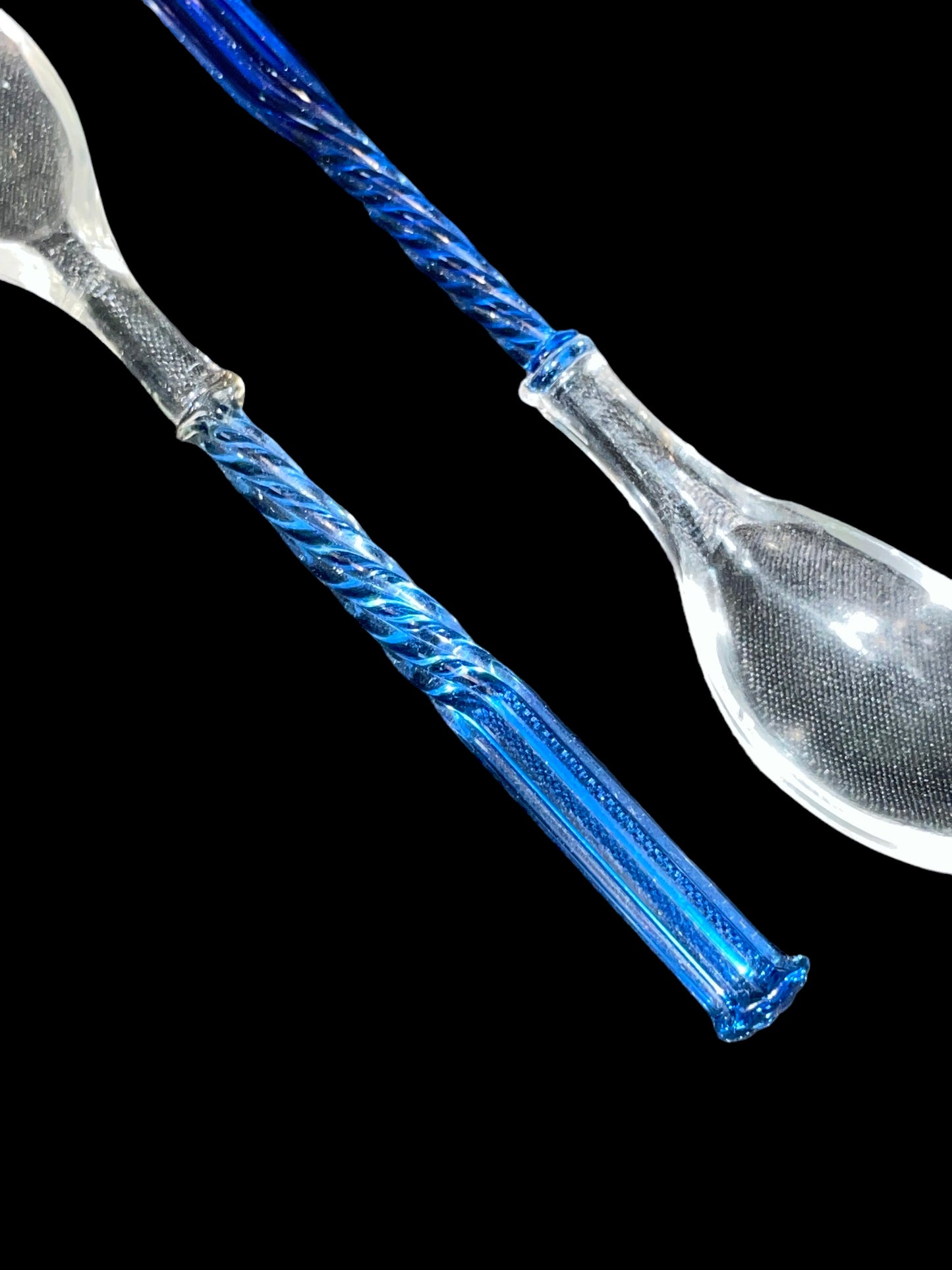 Exquisite Pair of Venetian Glass Demitasse Spoons - Clear with Cobalt Blue Spiral Handles