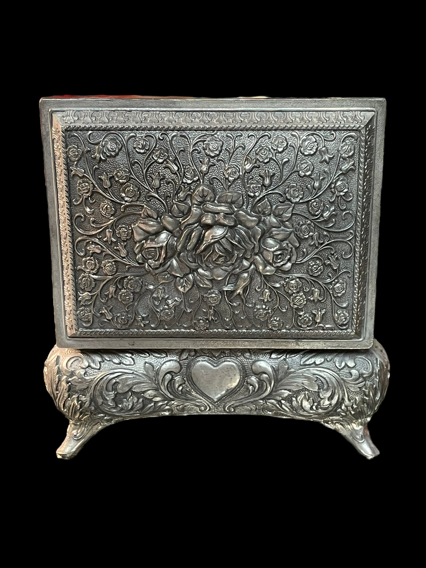 Vintage Metal Silver Tone Rose Trinket Box