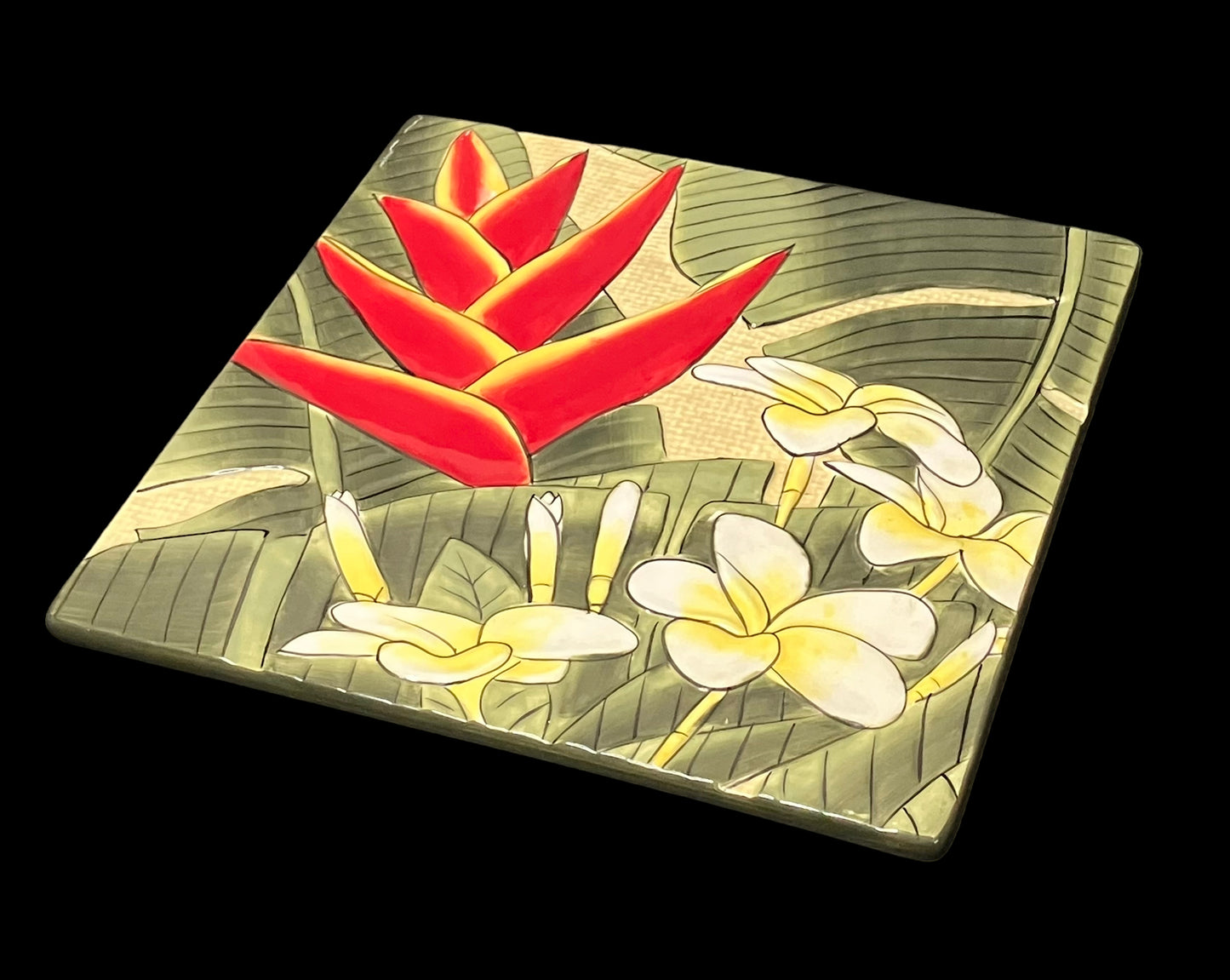 Hand Painted Plumeria and Bird of Paradise 8.25" Ceramic Cheese Serving Tile Plate